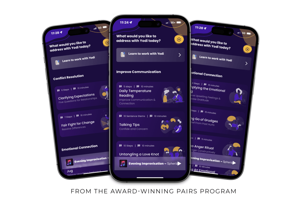 Yodi Mockup Home Screen → Fatherhood Channel Yodi AI-Powered Relationship Coach and Emotions Mentor by PAIRS