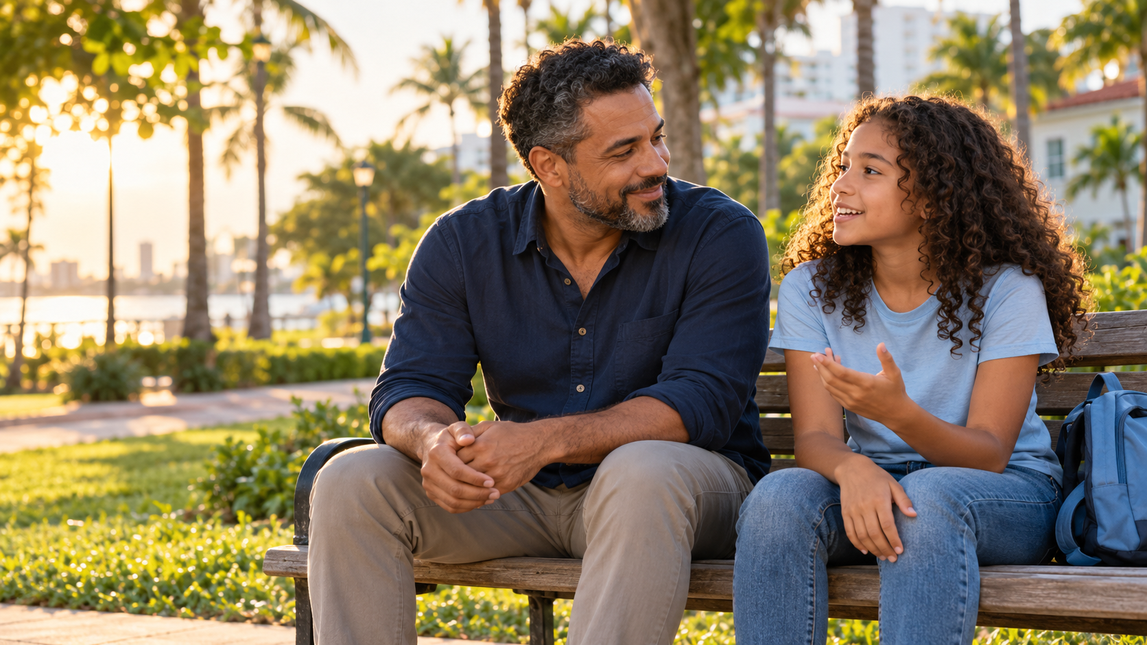 A father listens attentively as his daughter talks beside him on a sunlit park bench.